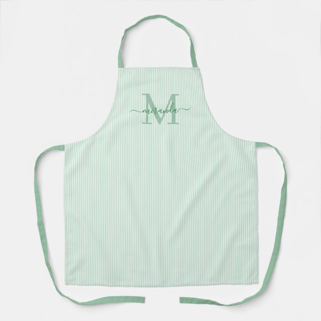 Elegant Monogram Name Green Stripe Apron (Front)