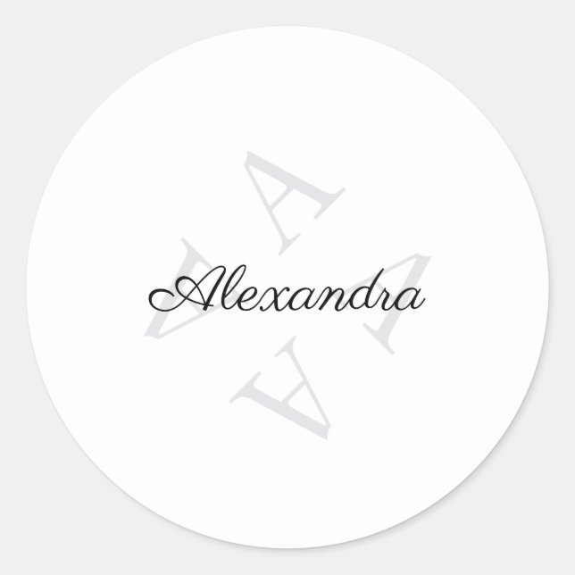 Elegant Monogram Name Grey Black Classic Round Sticker (Front)