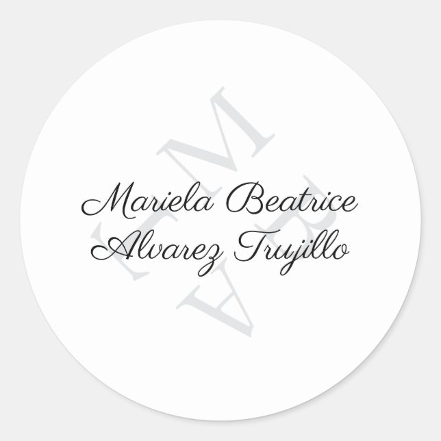 Elegant Monogram Name Grey Black Classic Round Sticker (Front)