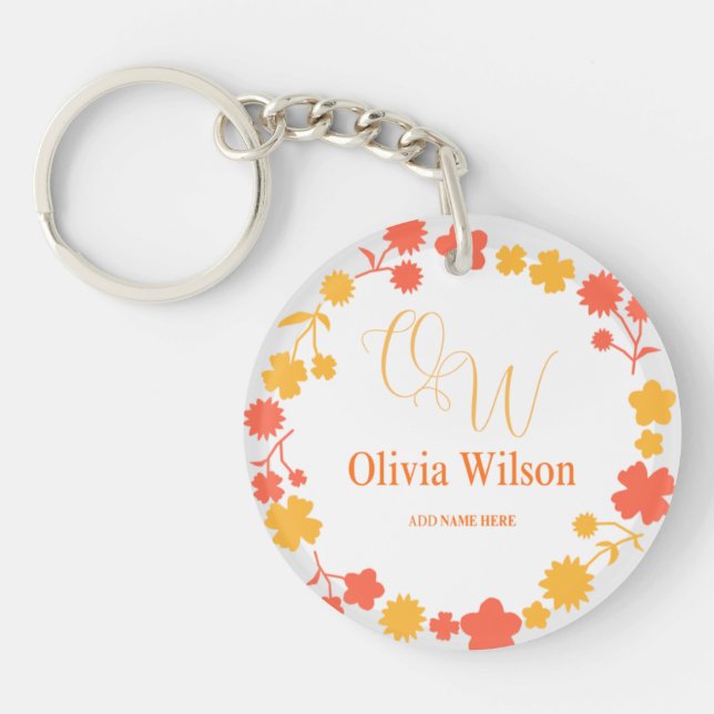 Elegant Monogram Name Laurel Wreath Key Ring (Front)