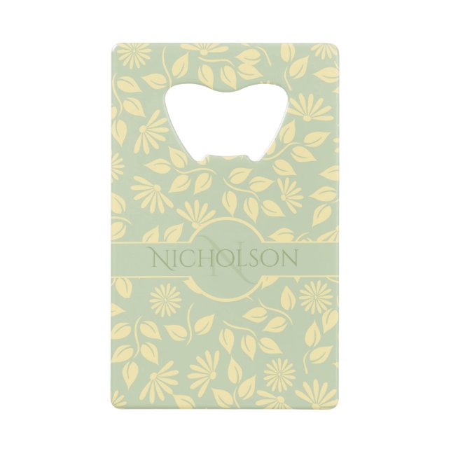 Elegant Monogram Name  Leaf Daisy Pastel Green (Front)