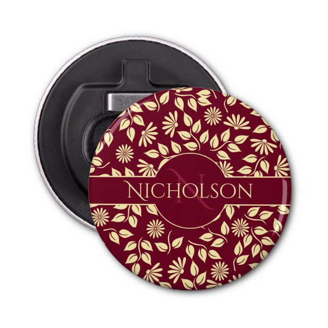 Elegant Monogram Name  Leaf Daisy Pattern Burgundy Bottle Opener (Front)