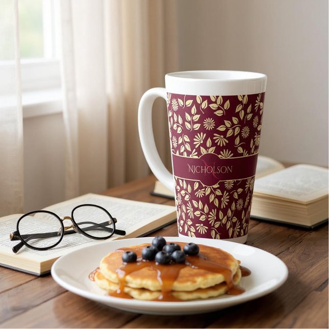 Elegant Monogram Name  Leaf Daisy Pattern Burgundy Latte Mug (Personalized latte coffee mug)