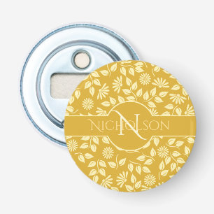Elegant Monogram Name Leaf Daisy Pattern Yellow Bottle Opener