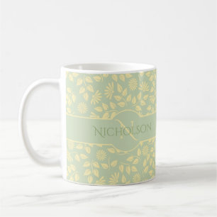 Elegant Monogram Name  Leaf Pattern Pastel Green Coffee Mug