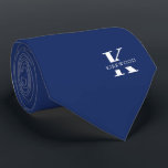 Elegant Monogram   Name | Navy Blue | One-Sided Tie<br><div class="desc">An elegant necktie featuring a bold white monogram across a deep Navy Blue background. Atop this monogram sits your first or last name spelled out in all capitals.</div>