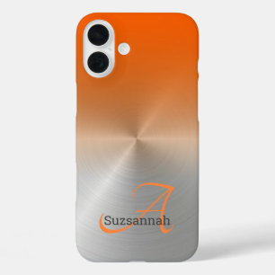 Elegant Monogram Name Orange Ombre Faux Metal iPhone 16 Plus Case