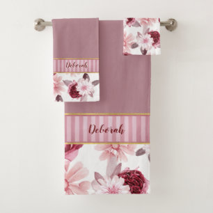 Elegant Monogram Name Pink Burgundy Floral Stripe Bath Towel Set