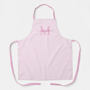 Elegant Monogram Name Pink Stripe Apron