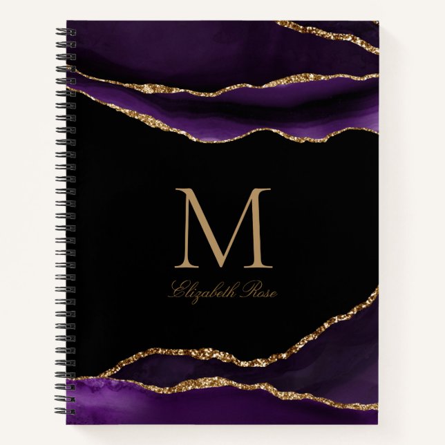 Elegant Monogram Name Purple Agate Gold Black Notebook (Front)