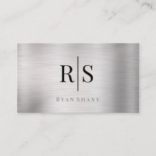 Elegant Monogram & Name,  QR Code, Brushed Silver Business Card