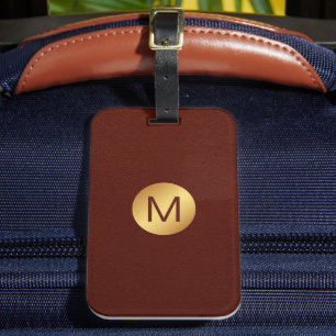 Elegant Monogram Name Red Leather & Gold Luggage Tag