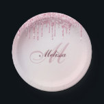 elegant monogram name rose gold glitter  paper plate<br><div class="desc">lovely monogram script lettering with faux rose gold and purple glitter. The black background colour and text are editable.</div>