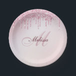 elegant monogram name rose gold glitter  paper plate<br><div class="desc">lovely monogram script lettering with faux rose gold and purple glitter. The black background colour and text are editable.</div>