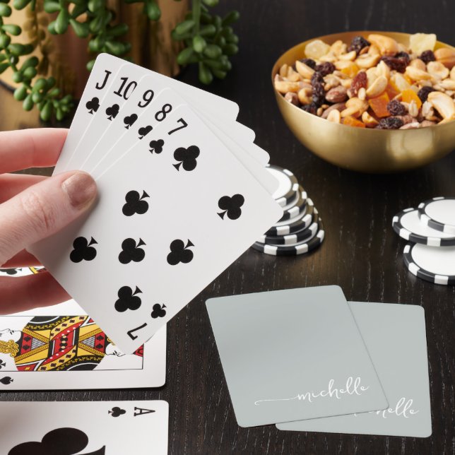 Elegant Monogram Name Sage Green Script Pale Playing Cards (In Situ)