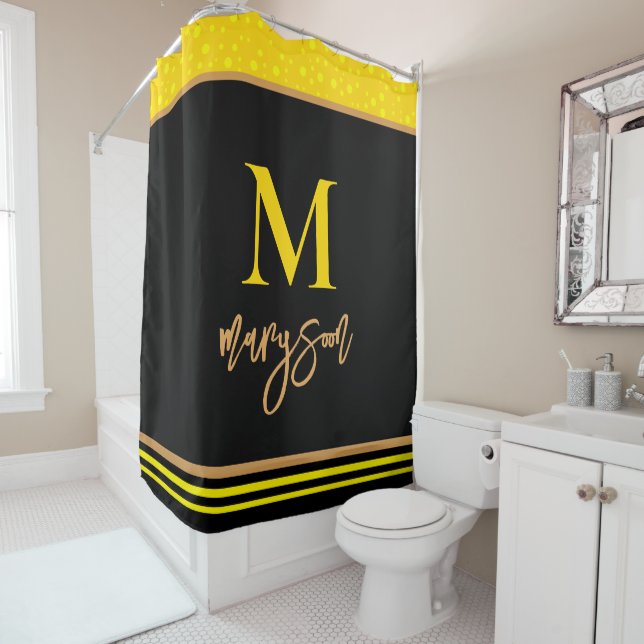 Elegant Monogram Name Script, Feminine Black Gold Shower Curtain (In Situ)