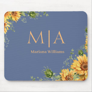 elegant monogram name sunflowers orange blue mouse pad