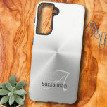 Elegant Monogram Name White Ombre Faux Metal Samsung Galaxy Case<br><div class="desc">This design features a white ombre background over faux metal with grey script initial letter monogram and name. Personalise the text fields, remove any or all text or edit using the design tool to select a font style, size, and colour you like. You can also add this design, where it...</div>