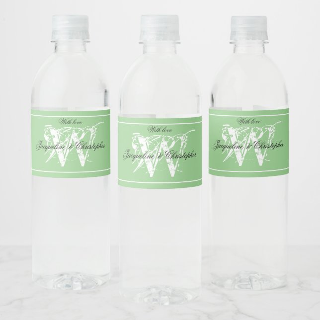 Elegant Monogram + Names Chic Soft Green Wedding  Water Bottle Label (Bottles)