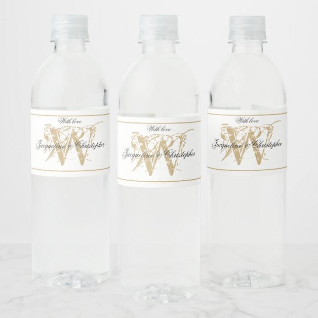 Elegant Monogram Names Chic White & Gold Wedding Water Bottle Label (Bottles)