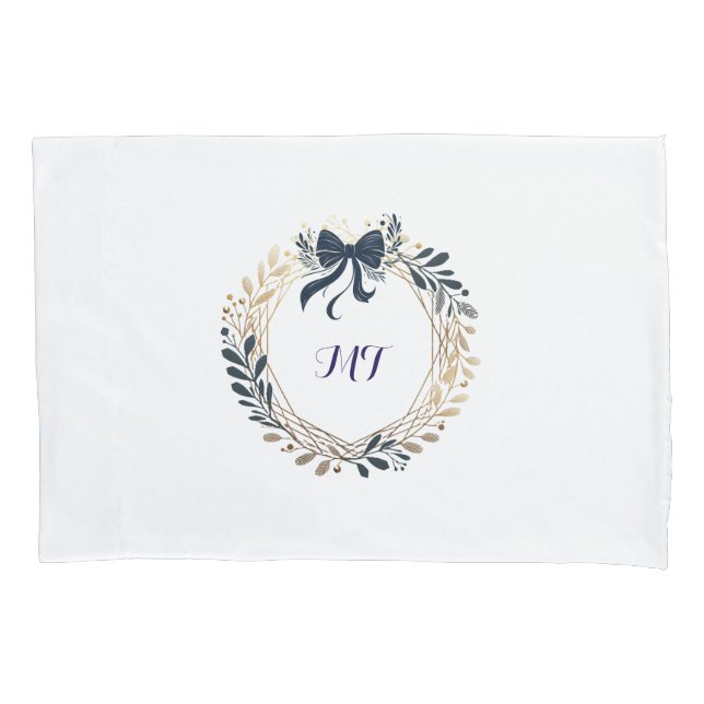 Elegant Monogram Navy and Gold Wreath Bow Pillowcase (Front)