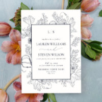 Elegant Monogram Navy Blue Floral Line Art Wedding