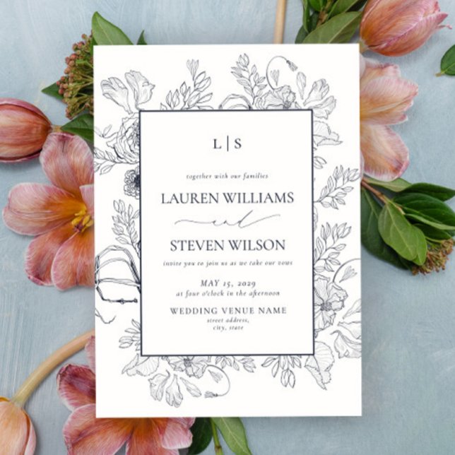 Elegant Monogram Navy Blue Floral Line Art Wedding Invitation (Creator Uploaded)
