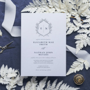 Elegant Monogram Navy Blue Formal Wedding  Invitation