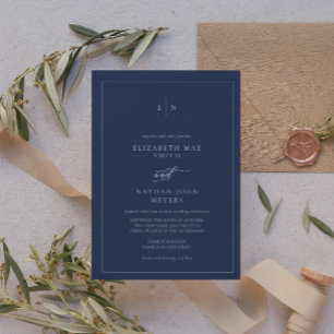 Elegant Monogram Navy Blue Formal Wedding  Invitation