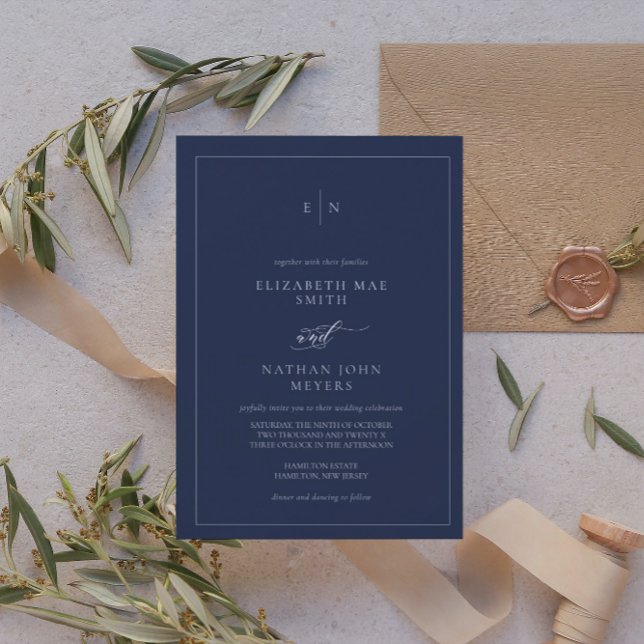 Elegant Monogram Navy Blue Formal Wedding  Invitation (Creator Uploaded)