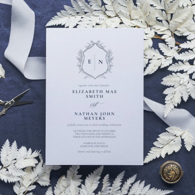 Elegant Monogram Navy Blue Formal Wedding  Invitation (Creator Uploaded)