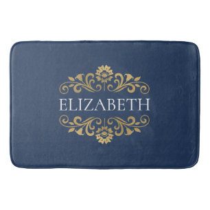 Elegant Monogram Navy Blue Gold Bath Mat