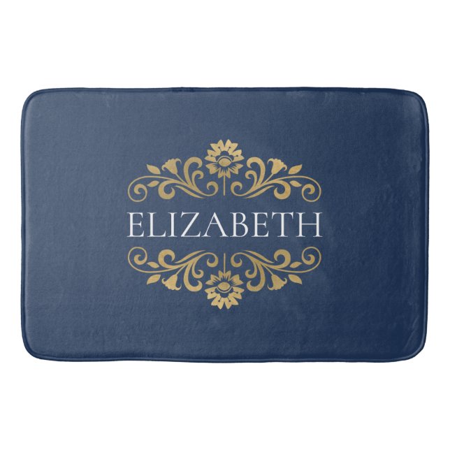 Elegant Monogram Navy Blue Gold Bath Mat (Front)