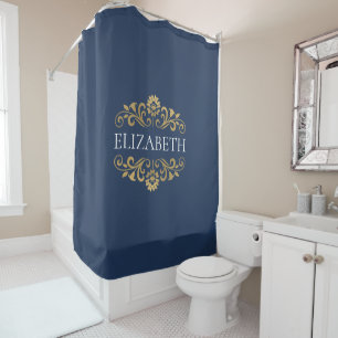 Elegant Monogram Navy Blue Gold Shower Curtain
