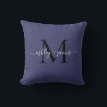 Elegant Monogram Navy Blue Script Names Wedding Cushion<br><div class="desc">Chic monogrammed keepsake pillow with your names and monogram in white elegant handwritten script calligraphy and black modern typography on a navy blue background. Simply add your names and monogram. Exclusively designed for you by Happy Dolphin Studio. If you need any help or matching products, please contact us at happydolphinstudio@outlook.com....</div>