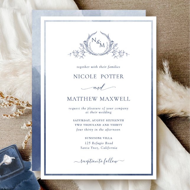Elegant Monogram Navy Blue Watercolor Wedding Invitation (Creator Uploaded)