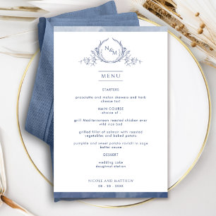 Elegant Monogram Navy Blue Watercolor Wedding Menu