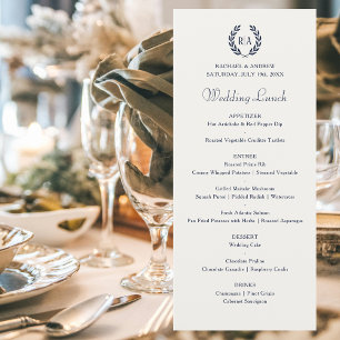 Elegant Monogram Navy Blue Wedding Menu