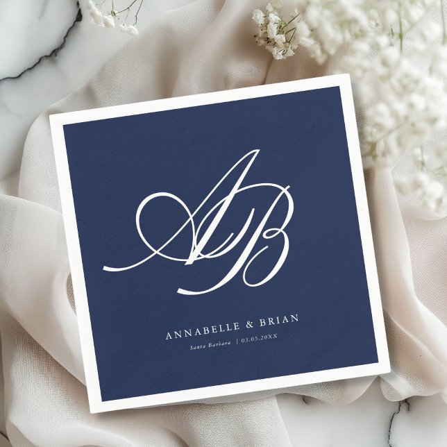 Elegant Monogram Navy Blue Wedding  Napkin (Elegant Monogram Navy Blue Wedding Napkins)