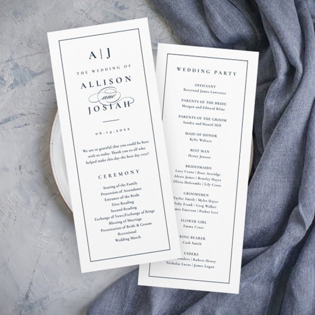 Elegant Monogram Navy Blue Wedding Programme (Elegant Navy Blue and White Wedding Programs with Monogram.)