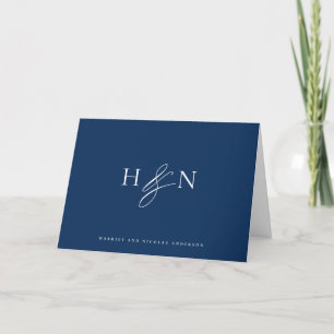 Elegant Monogram Navy Blue Wedding Thank You Card
