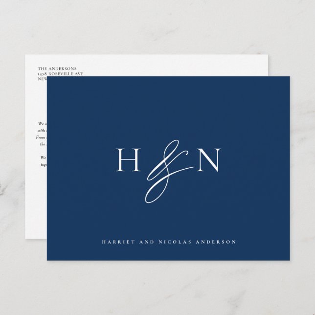 Elegant Monogram Navy Blue Wedding Thank You Postcard (Front/Back)