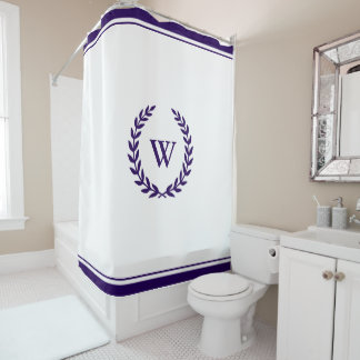 Elegant Monogram Navy Blue White Shower Curtain