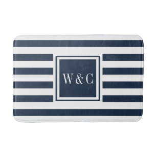 Elegant Monogram Navy Blue White Stripe Bath Mat