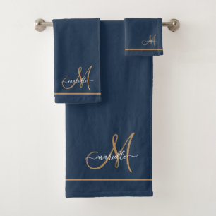 Elegant Monogram Navy Gold Script Name  Bath Towel Set