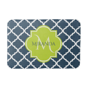 Elegant Monogram Navy Green Quatrefoil and Name Bath Mat