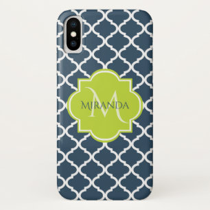Elegant Monogram Navy Green Quatrefoil and Name Case-Mate iPhone Case