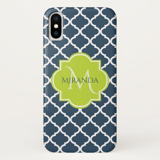 Elegant Monogram Navy Green Quatrefoil and Name Case-Mate iPhone Case (Back)