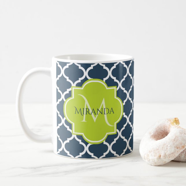 Elegant Monogram Navy Green Quatrefoil and Name Coffee Mug (With Donut)