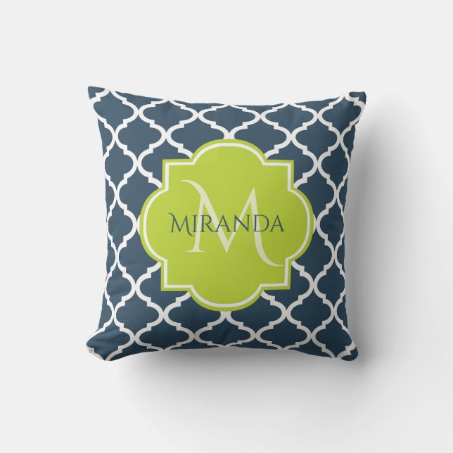 Elegant Monogram Navy Green Quatrefoil and Name Cushion (Front)